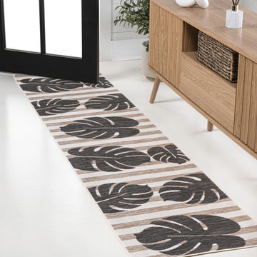Allison Classic Beach Stripe And Monstera Leaf Indoor/Outdoor Area Rug